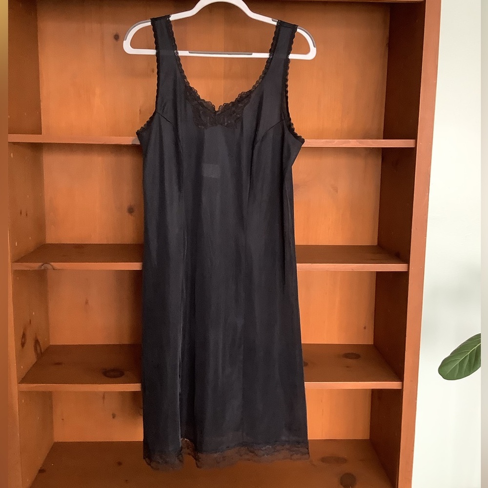 Vintage Black Nylon Lace Trim Slip Dress Nightgown M/L (Tag 42) 90s Lingerie